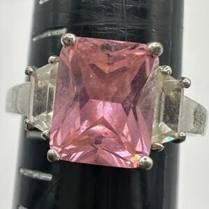 Avon NV silver tone pink clear cubic zirconia CZ adjustable cocktail ring 8 9 10